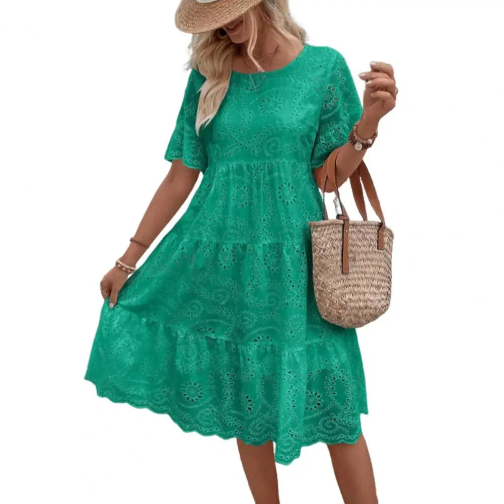 Women's Long Simple Casual Solid Hollow Out Pure Cotton Holiday Style High Waist Fashion Mid-Calf Summer Dresses NEW Vestidos