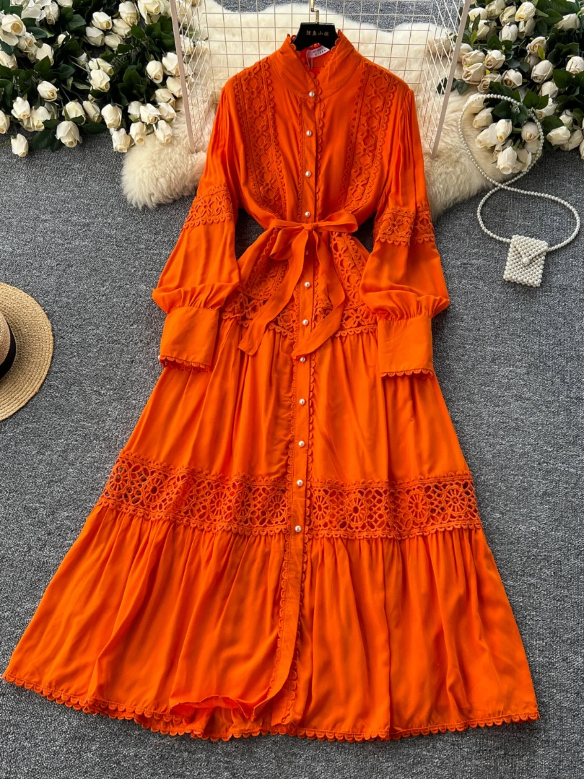 Women Lace Patchwork Pearl Button Single Breast Belt A Line Loose Party Vestidos
