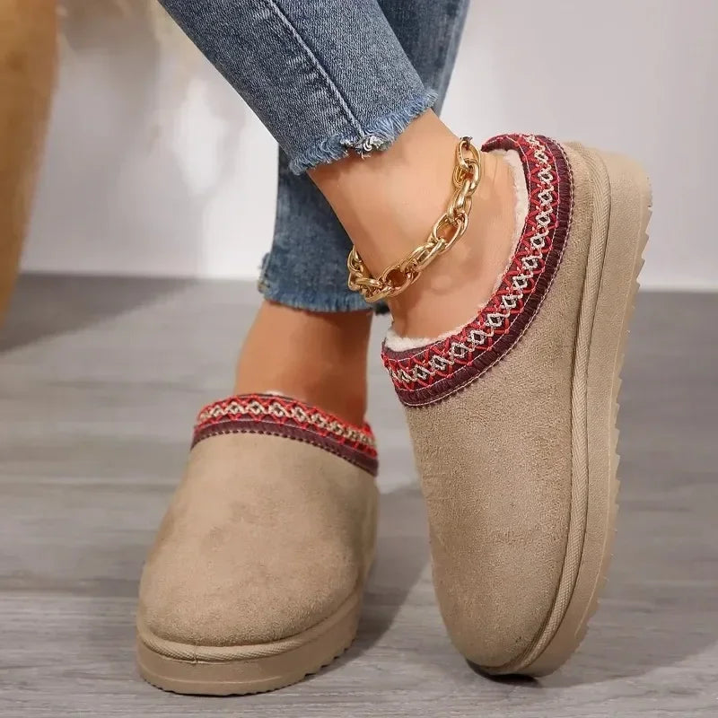 New Snow Boots Women Winter Cashmere Warm Thick Soles Without Heel-covered Hair Half Slipper Cotton Shoes Cashmere Warm Boots