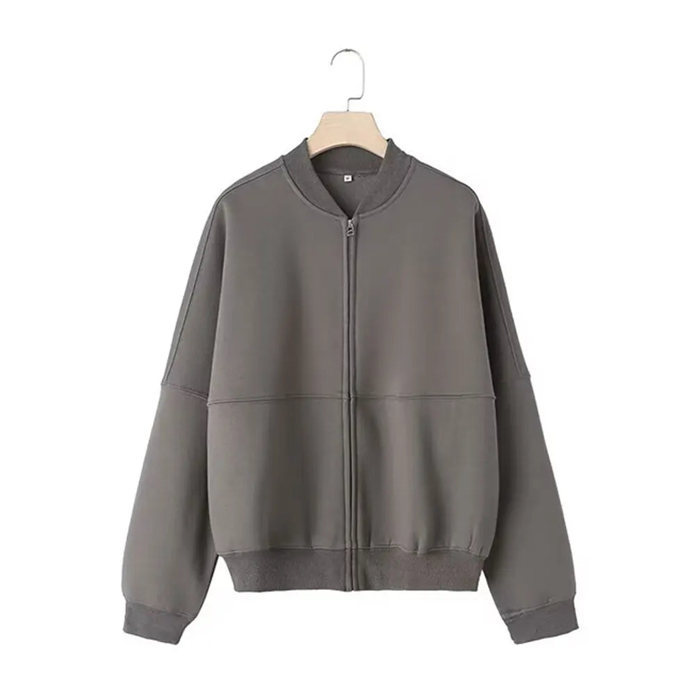 TRAFZA Women's Fall 2-Piece Retro Solid Color Zip Bomber Jacket Sweatshirt+High Waist Lace Up Women's Wide Leg Pants Street Wear