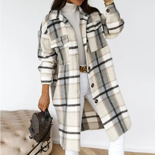 Winter Women's Clothing Long Sleeve Woolen Plaid Overcoat Coat