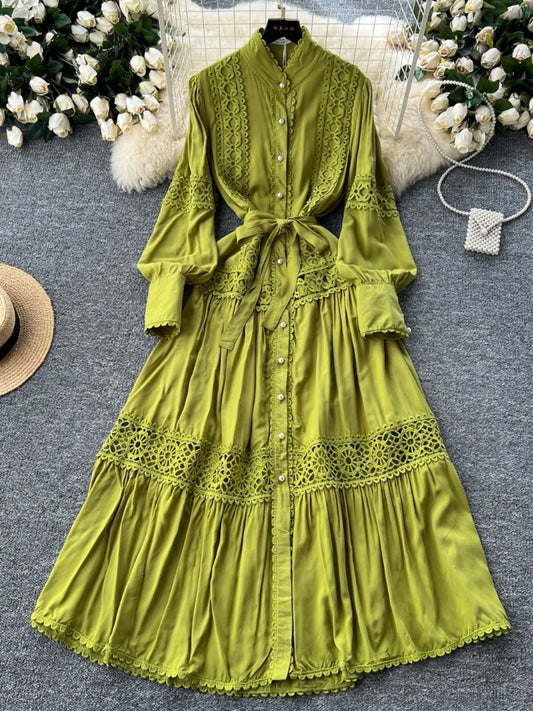 Women Lace Patchwork Pearl Button Single Breast Belt A Line Loose Party Vestidos