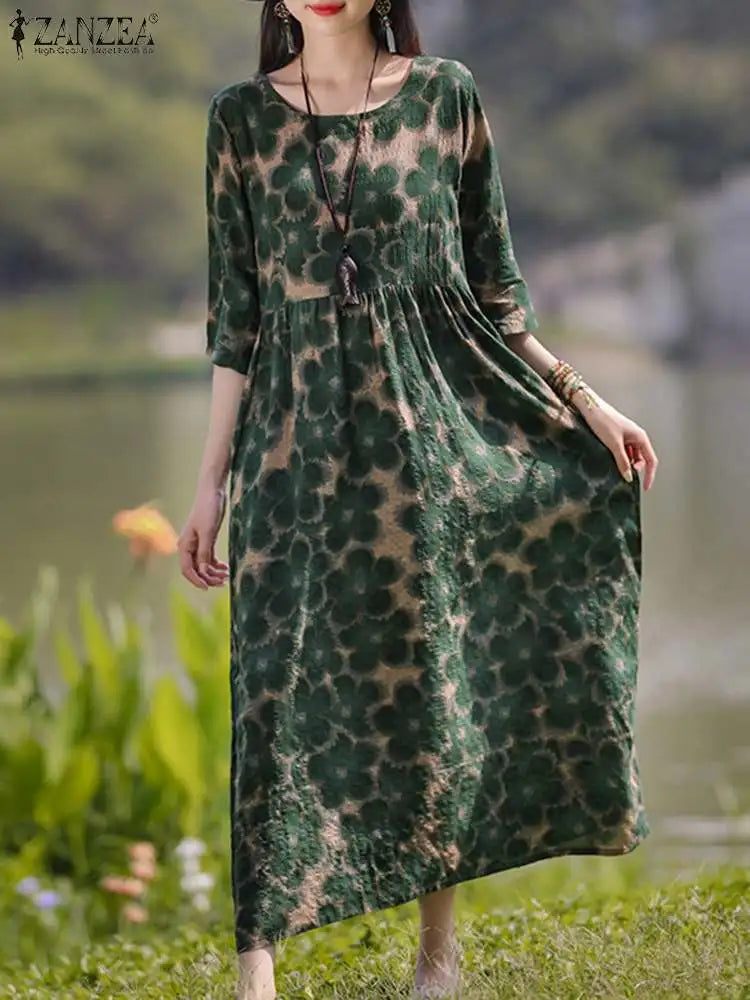 Women Floral Printed Loose Casual Midi Dress