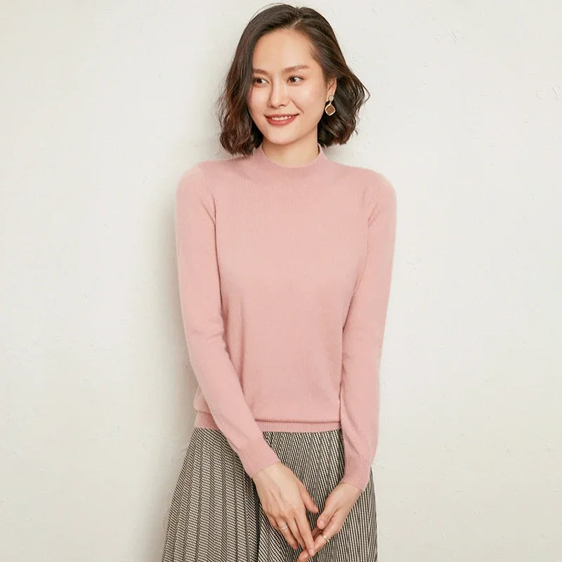 Casual Spring Autumn Women Sweater 2024 Knitted Pullovers Mock Neck Solid Cashmere Knit