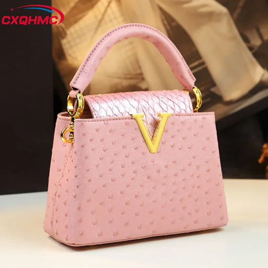 Letter Small Shoulder Crossbody Bag Pink Ostrich Print Portable Messenger Shell Bags 2024 New