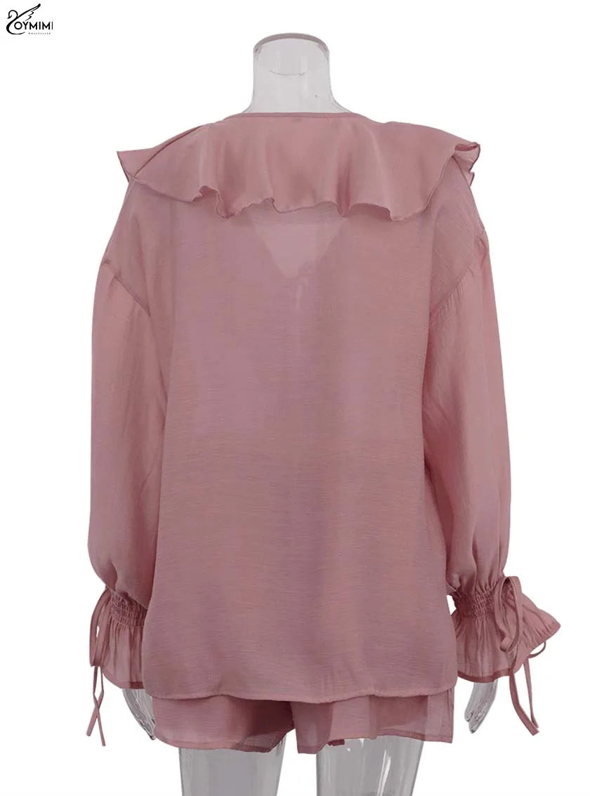 Oymimi Fashion Pink Two Piece Set For Women Elegant Ruffled Lace-Up Long Sleeve Shirts And High Waisted Simple Shorts Female Set
