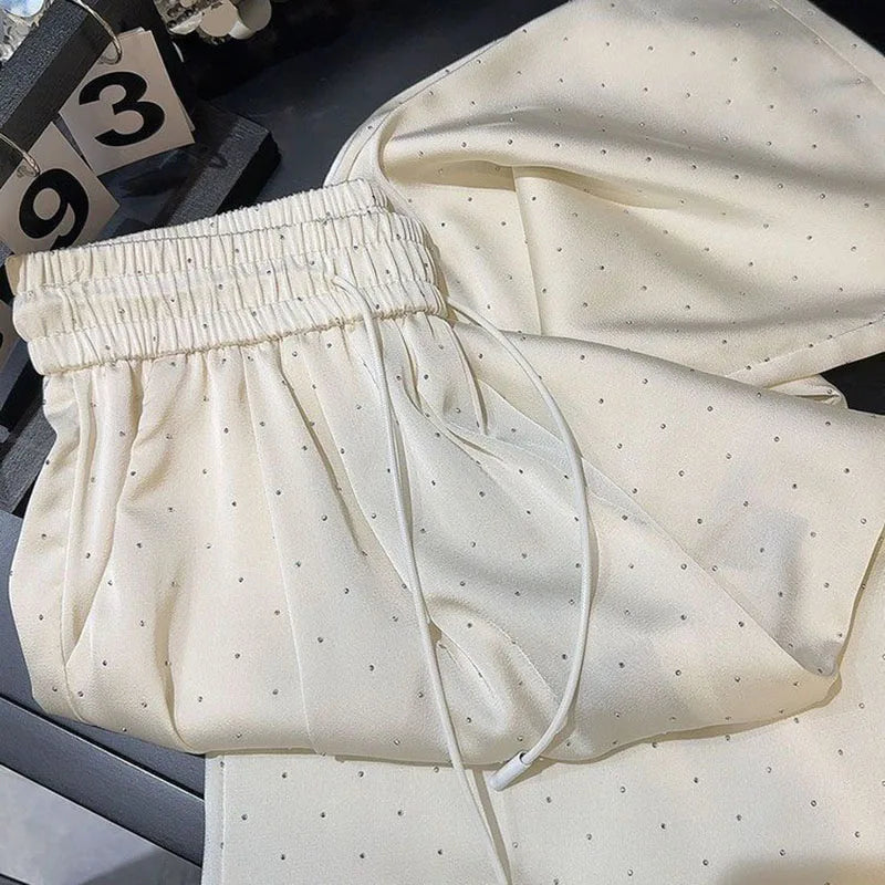 Lucyever High Quality Luxury Full Rhinestone Straight Pants Women Fashion High Waist Loose Wide Leg Trousers Solid Casual Pants