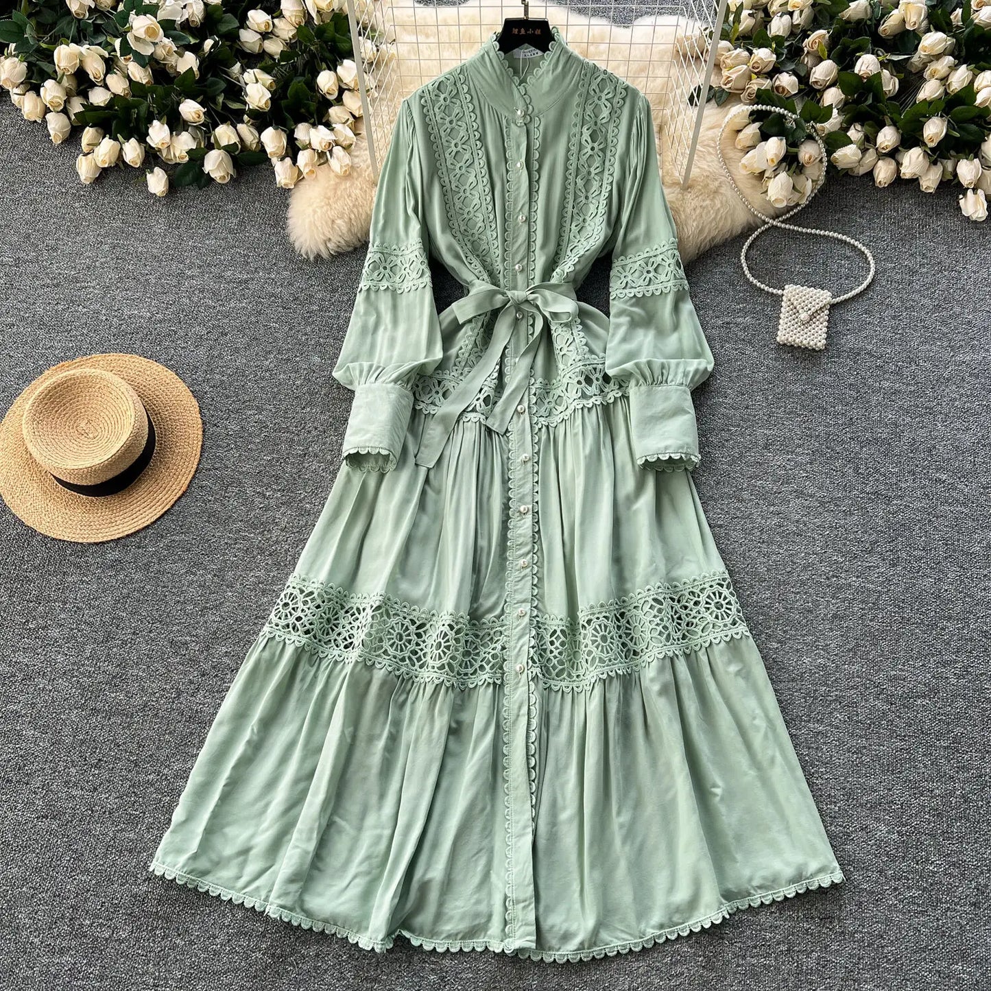 Women Lace Patchwork Pearl Button Single Breast Belt A Line Loose Party Vestidos