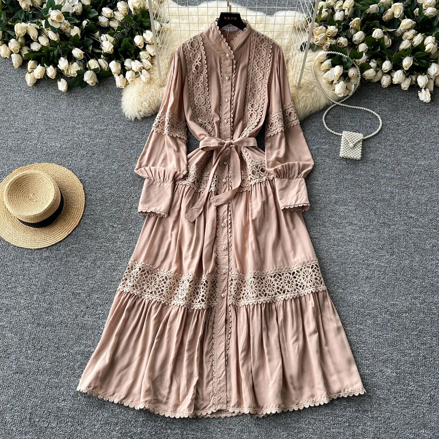 Women Lace Patchwork Pearl Button Single Breast Belt A Line Loose Party Vestidos