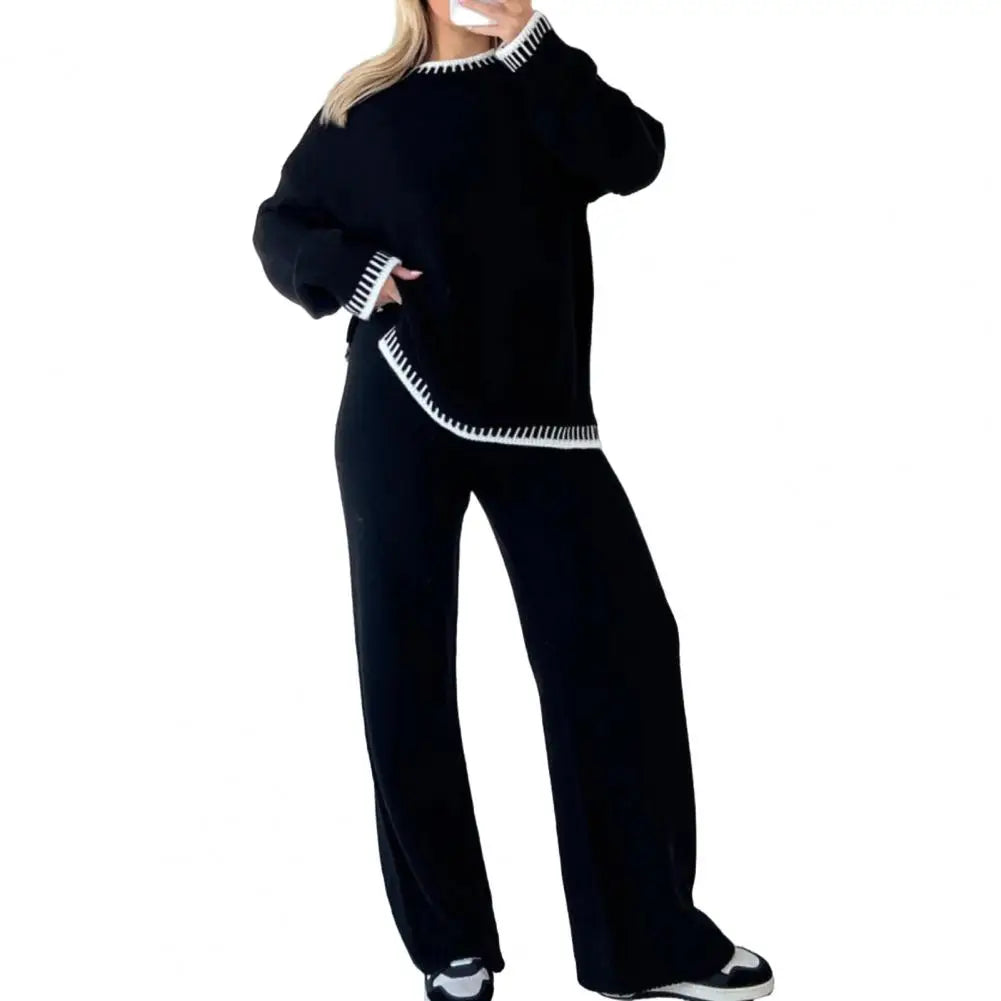 Two Piece Set Women Knit Sweater Wide Leg Pants Set Pullover Tops Elastic High Waist Straight Pants Lounge Wear Striped Tracksui