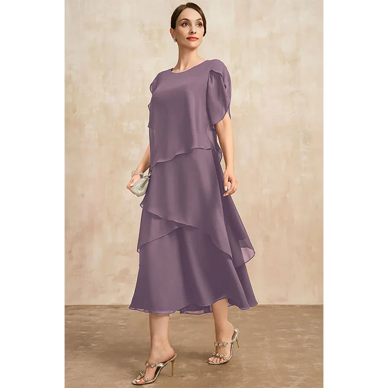 Chiffon Women's Dress Summer Irregular Midi Dresses Ladies Elegant Short Sleeve Party Dress Wedding