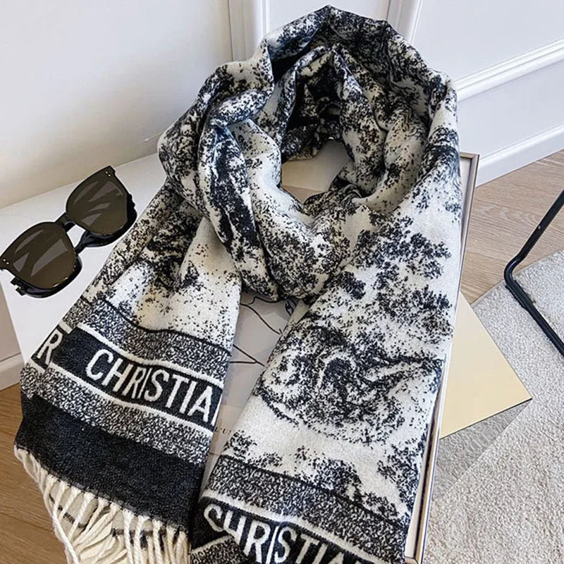 2024 Women's New Scarf Ink Color Printing Black border Shawl with White Tassels Winter Outdoor Warm Muslim Female Pashmina