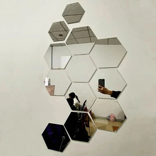 12pcs 3D Mirror Wall Sticker Hexagon Decal Home Decor DIY Self-adhesive Mirror Decor Stickers Art Wall Decoration Large