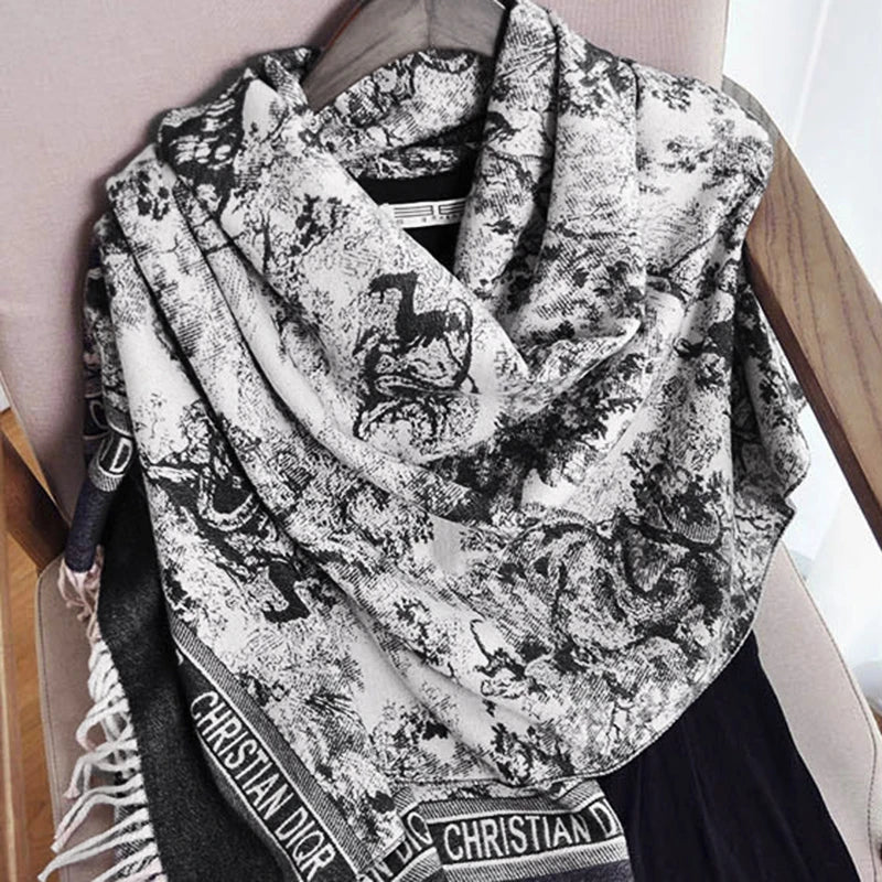 2024 Women's New Scarf Ink Color Printing Black border Shawl with White Tassels Winter Outdoor Warm Muslim Female Pashmina