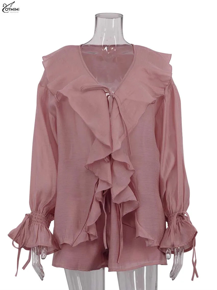 Oymimi Fashion Pink Two Piece Set For Women Elegant Ruffled Lace-Up Long Sleeve Shirts And High Waisted Simple Shorts Female Set