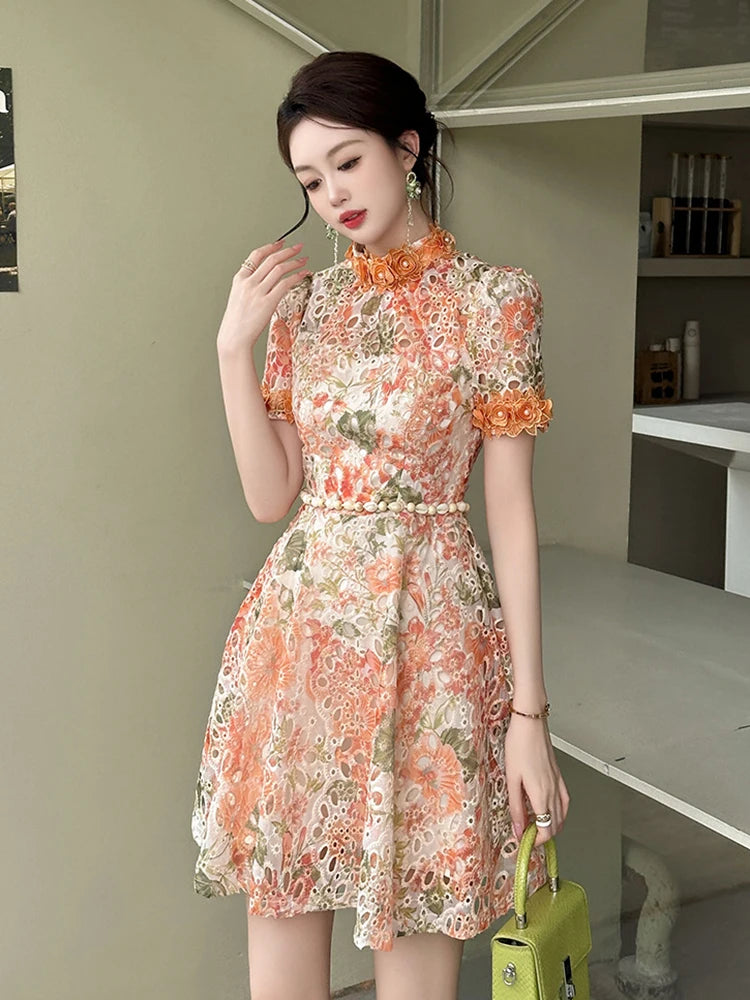 Elegant Cute Floral Lace Dress Women Clothes Gentle Hollow Flowers Short Sleeve Belt Gown Femme Date Party Prom Vestidos Fiesta