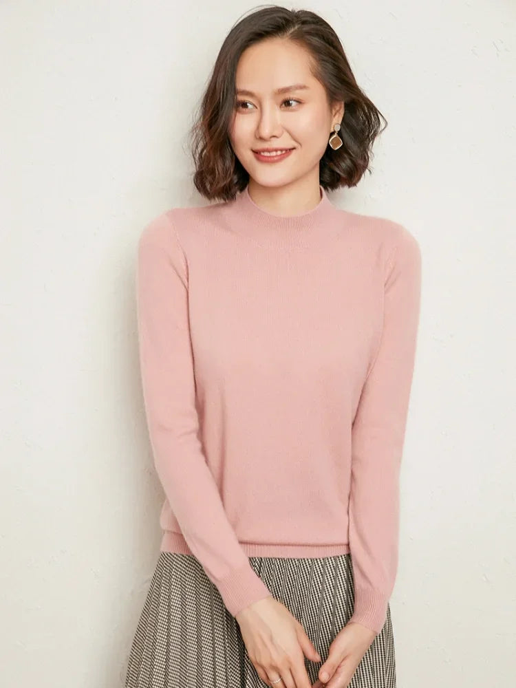 Casual Spring Autumn Women Sweater 2024 Knitted Pullovers Mock Neck Solid Cashmere Knit