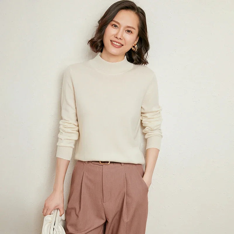 Casual Spring Autumn Women Sweater 2024 Knitted Pullovers Mock Neck Solid Cashmere Knit