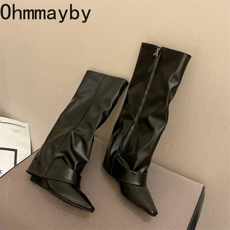 Designer Women Trouser Legs High Boots Fashion Side Zippers Long Boots Thick High Heels