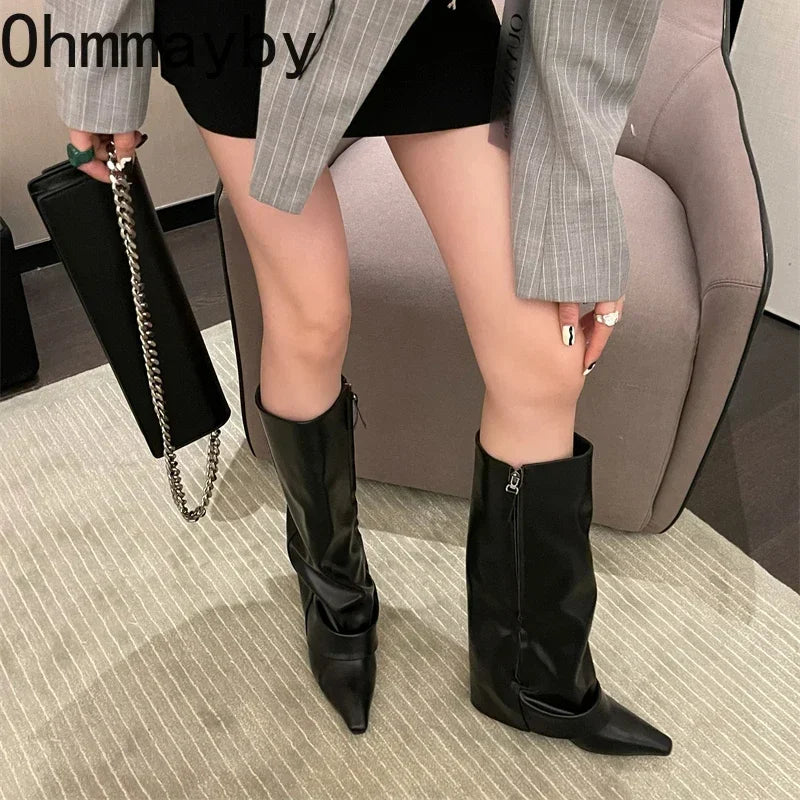Designer Women Trouser Legs High Boots Fashion Side Zippers Long Boots Thick High Heels