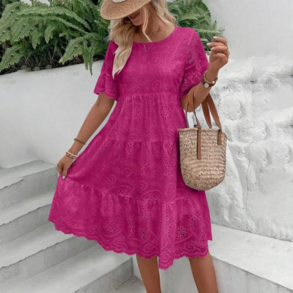 Women's Long Simple Casual Solid Hollow Out Pure Cotton Holiday Style High Waist Fashion Mid-Calf Summer Dresses NEW Vestidos