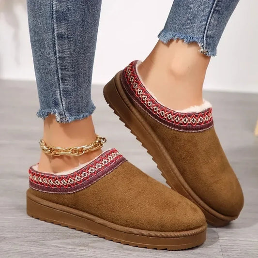New Snow Boots Women Winter Cashmere Warm Thick Soles Without Heel-covered Hair Half Slipper Cotton Shoes Cashmere Warm Boots