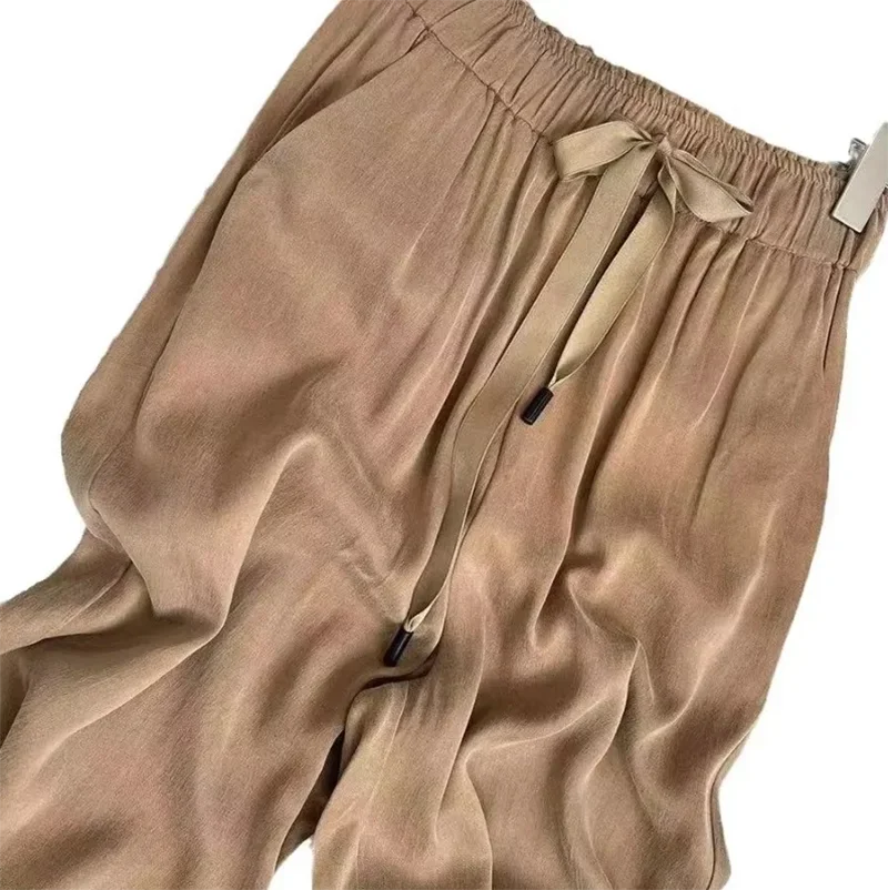 Acetic Acid Ice Silk Wide Leg Pants 2025 New Summer Thin Satin Casual Pants Women's High Waisted Straight Leg Pants Long Trouser