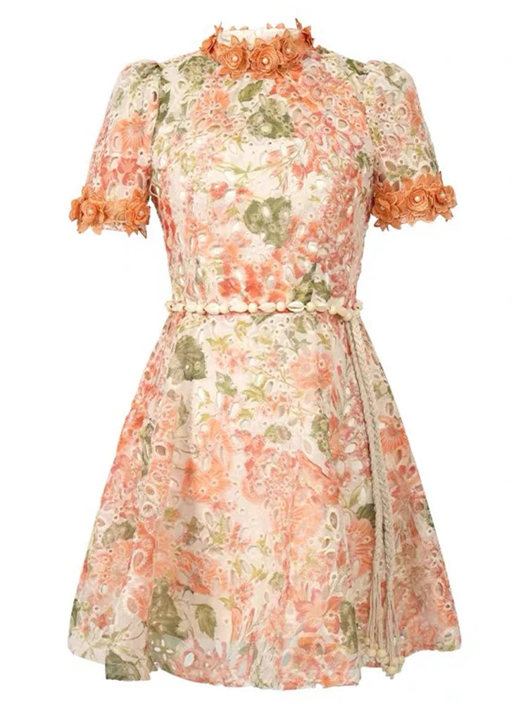 Elegant Cute Floral Lace Dress Women Clothes Gentle Hollow Flowers Short Sleeve Belt Gown Femme Date Party Prom Vestidos Fiesta