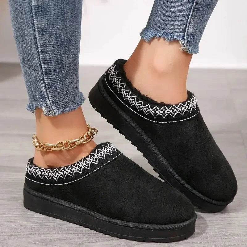 New Snow Boots Women Winter Cashmere Warm Thick Soles Without Heel-covered Hair Half Slipper Cotton Shoes Cashmere Warm Boots