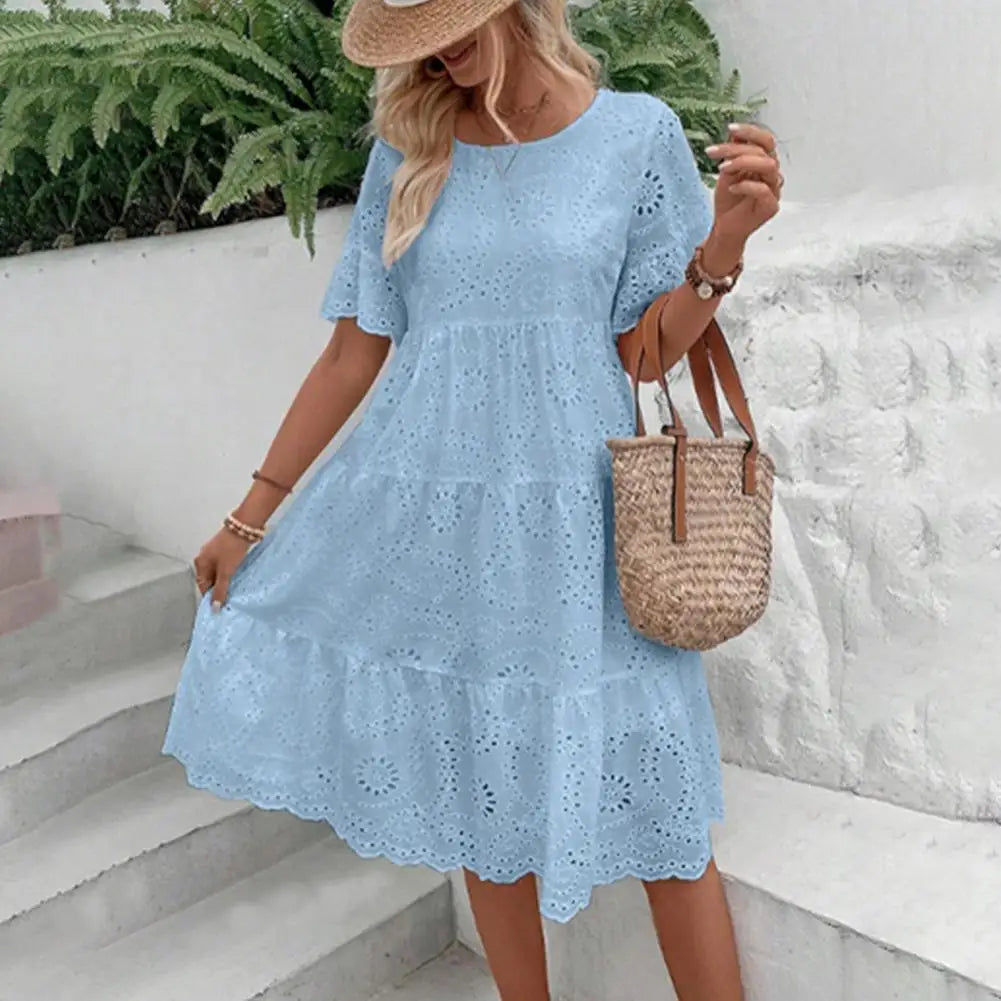 Women's Long Simple Casual Solid Hollow Out Pure Cotton Holiday Style High Waist Fashion Mid-Calf Summer Dresses NEW Vestidos
