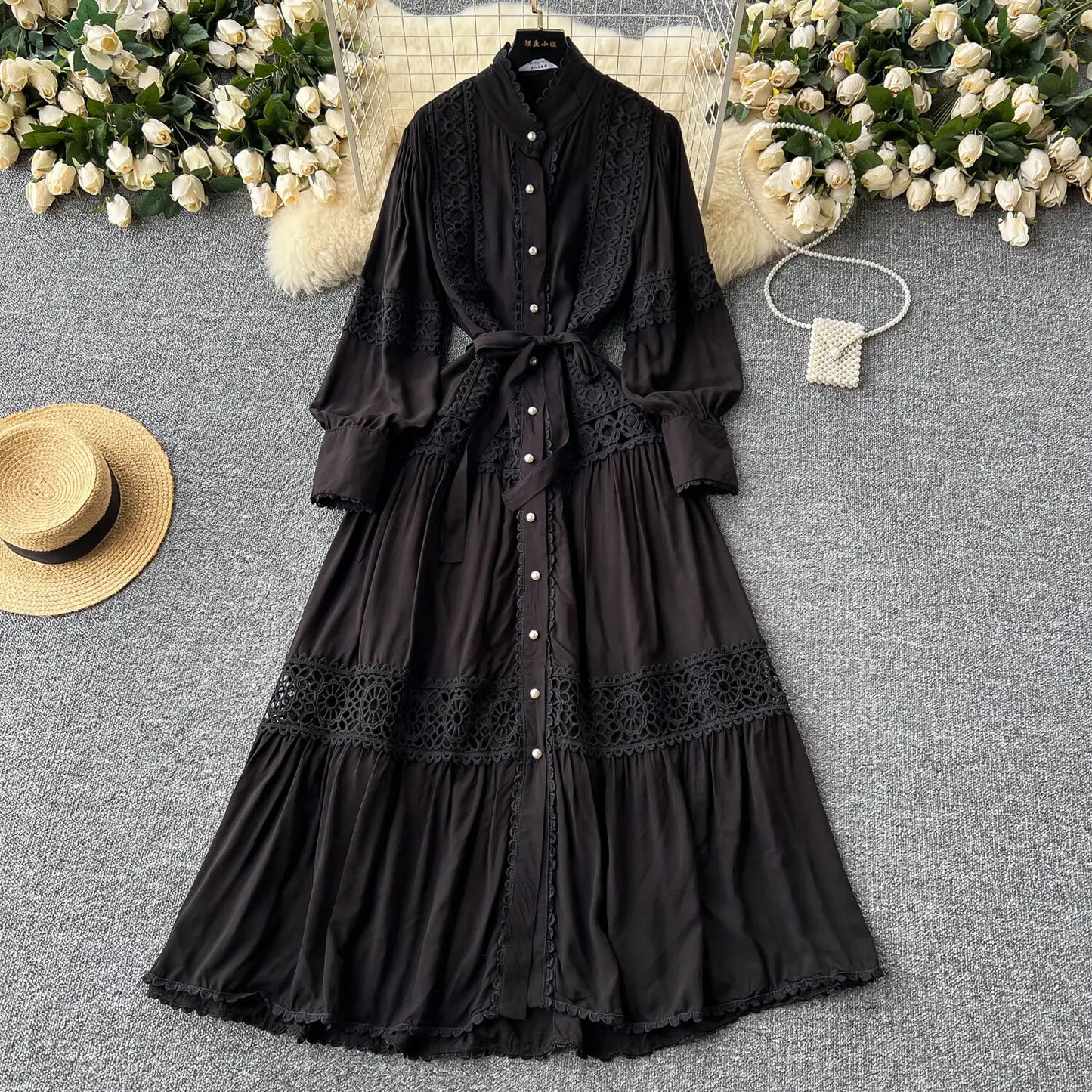 Women Lace Patchwork Pearl Button Single Breast Belt A Line Loose Party Vestidos